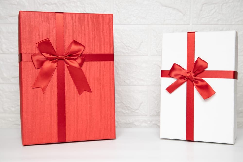 Two gift boxes tied with red ribbons