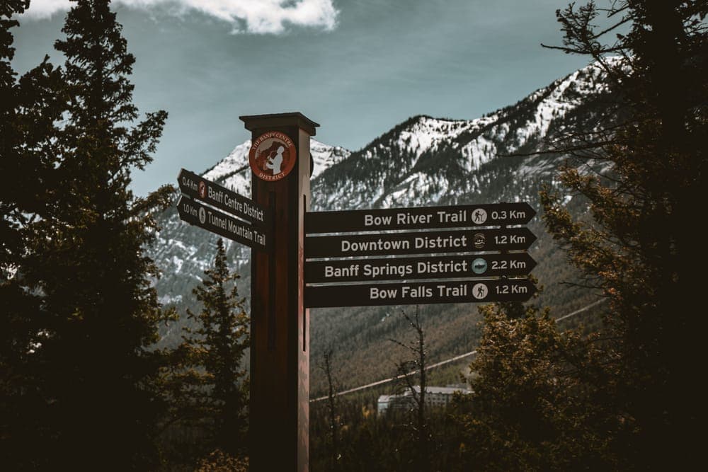 Trail signs in a mountain landscape